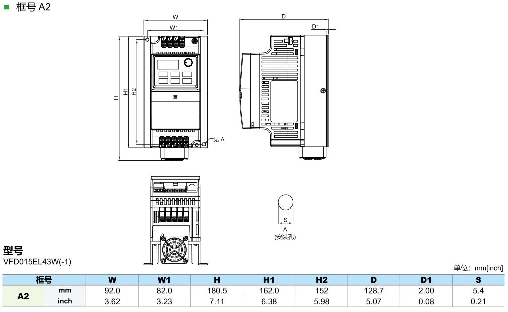 1.5KW臺(tái)達(dá)變頻器VFD015EL43W的安裝尺寸