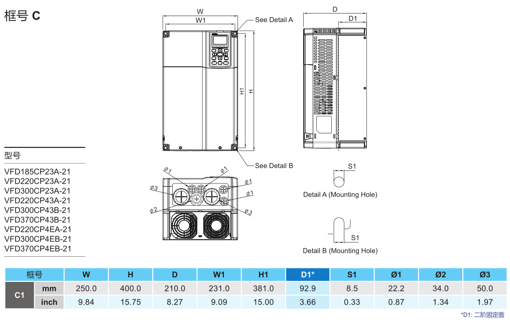 30kW臺(tái)達(dá)變頻器VFD300CP23A-21的安裝尺寸